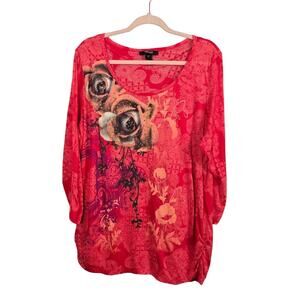 STYLE&CO Women's Plus Coral Orange Floral‎ Tunic Top 2X Embellishments Rouching